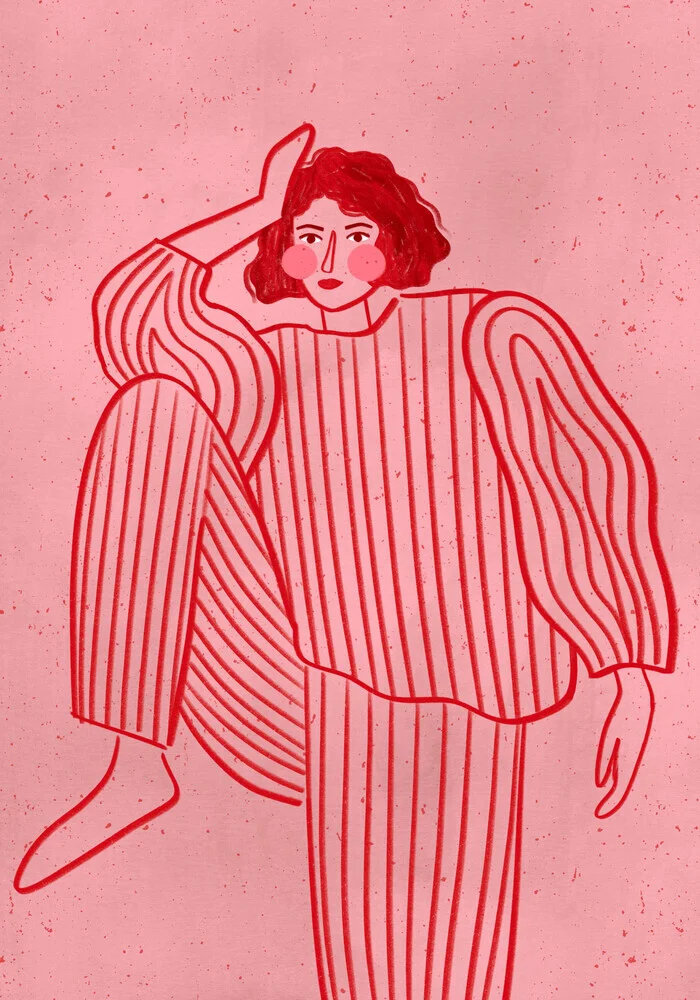 Illustration einer Frau im gestreiften Pyjama, sanfte Linien und entspannte Stimmung.