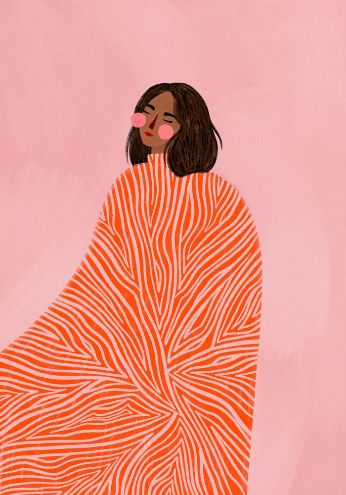 Illustration einer Frau mit Wirbelmustern in warmen Orange- und Pink-Tönen