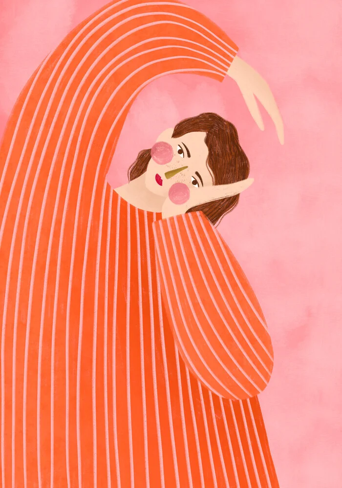 Illustration einer Frau im orangen Kleid, elegant und stilvoll, minimalistisch gestaltet.