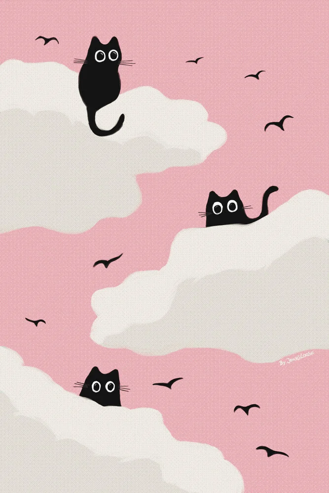 Illustration by Jonas Loose: playful cats under a pink sky