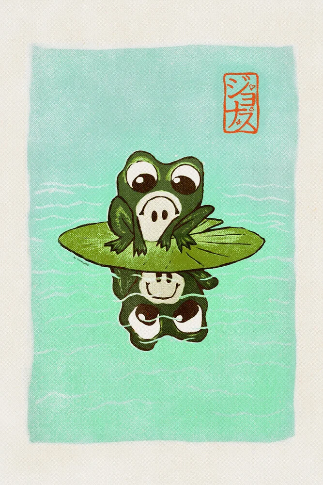 Illustration eines Frosches auf einem Seerosenblatt, verspielte und ruhige Stimmung.