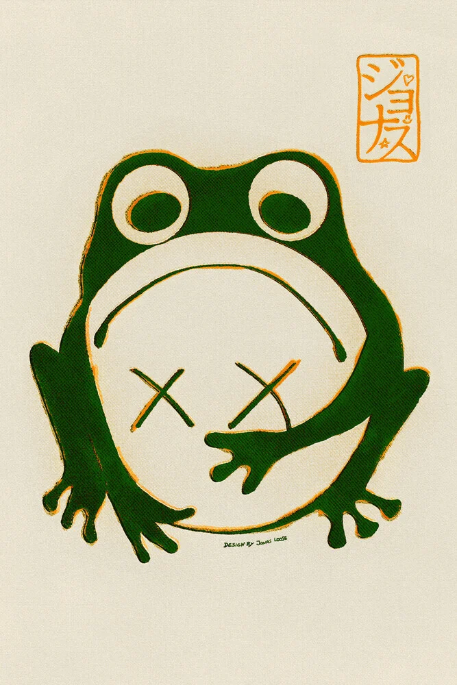 Verspieltes Wandbild eines mürrischen Frosches in sanften Farben.