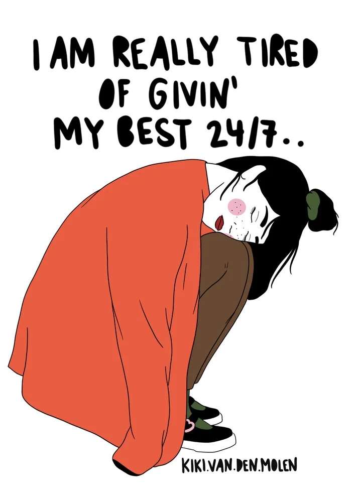 Illustration by Kiki Van Den Molen: a thoughtful woman in soft colors