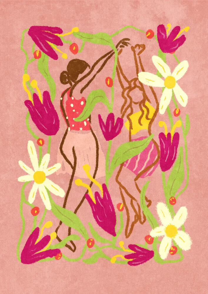 Colorful illustration by Raissa Oltmanns: dancing figures in spring among flowers.