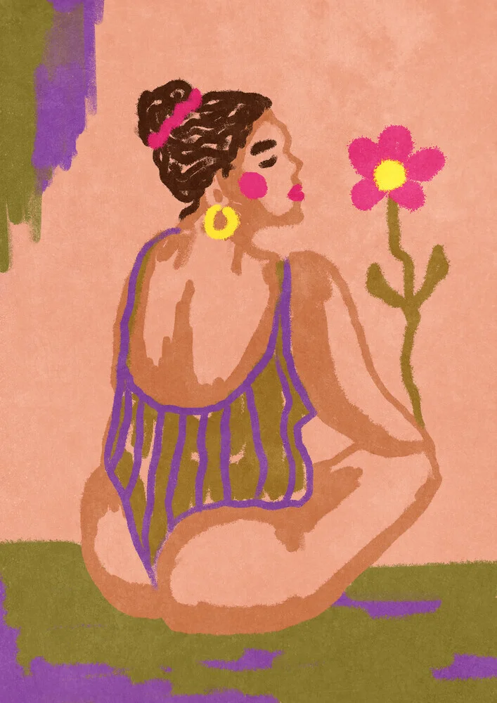 Illustration by Raissa Oltmanns: woman with flower, warm colors and imperfect shapes