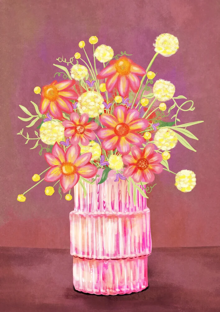 Wall art featuring a colorful vintage flower bouquet in an elegant vase.