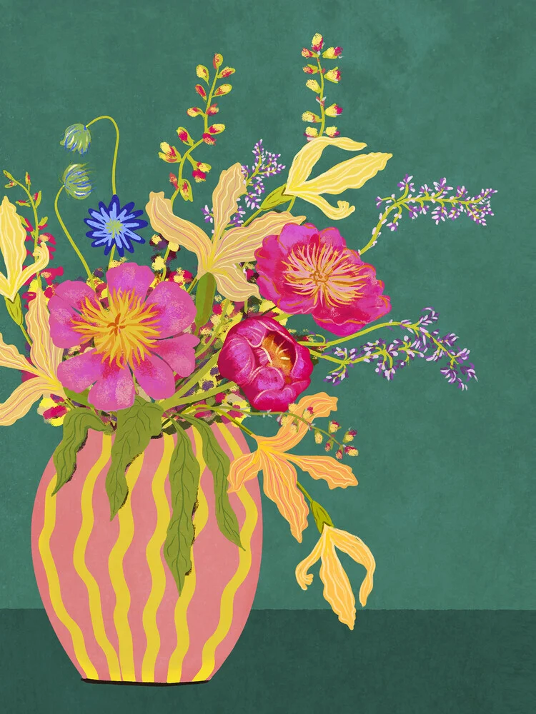Illustration of a bouquet with peonies in a striped vase