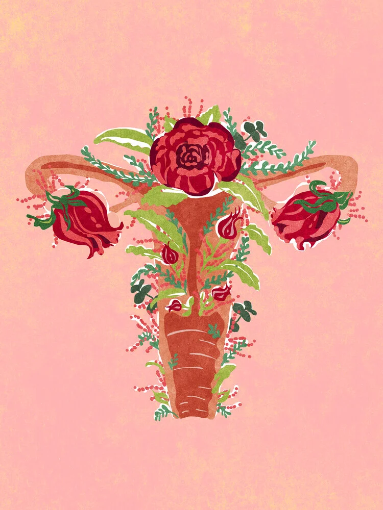 Illustration by Raissa Oltmanns: blooming uterus surrounded by roses and feminine charm