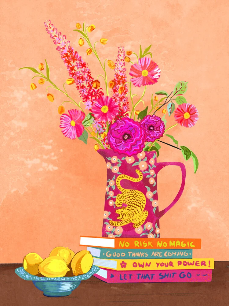 Illustration by Raissa Oltmanns: still life with vase, lemon, and flowers
