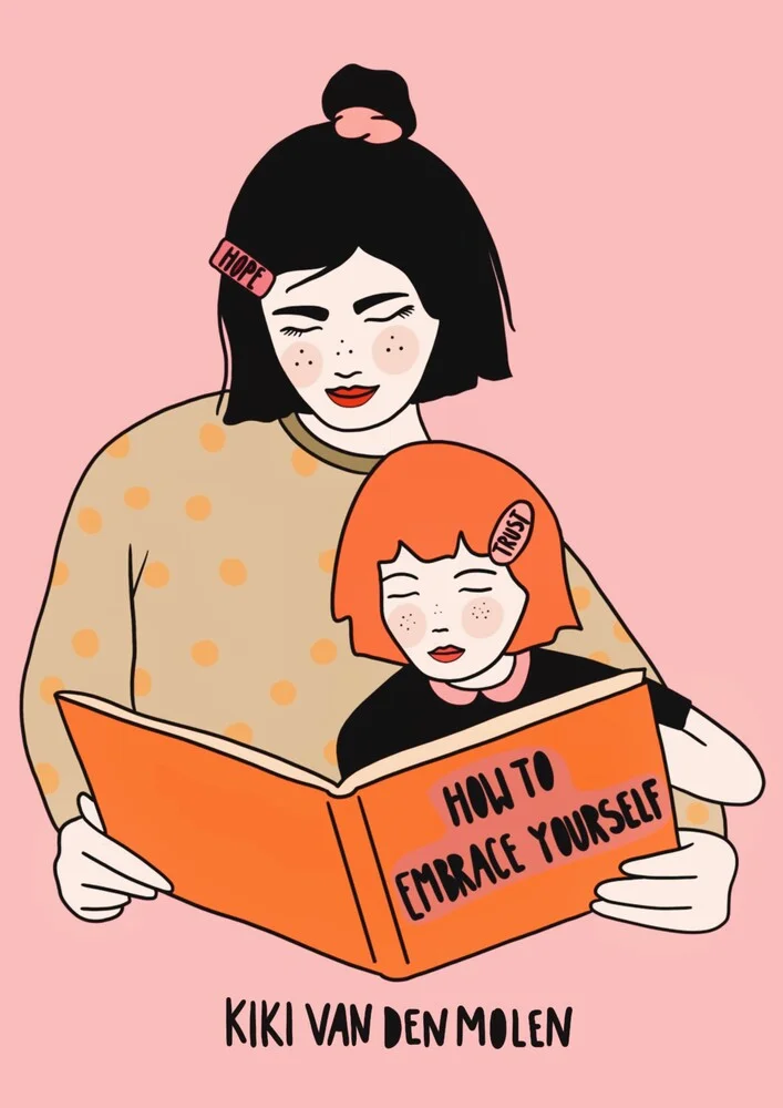 Illustration von Kiki Van Den Molen: eine sanfte Umarmung, die Selbstakzeptanz symbolisiert