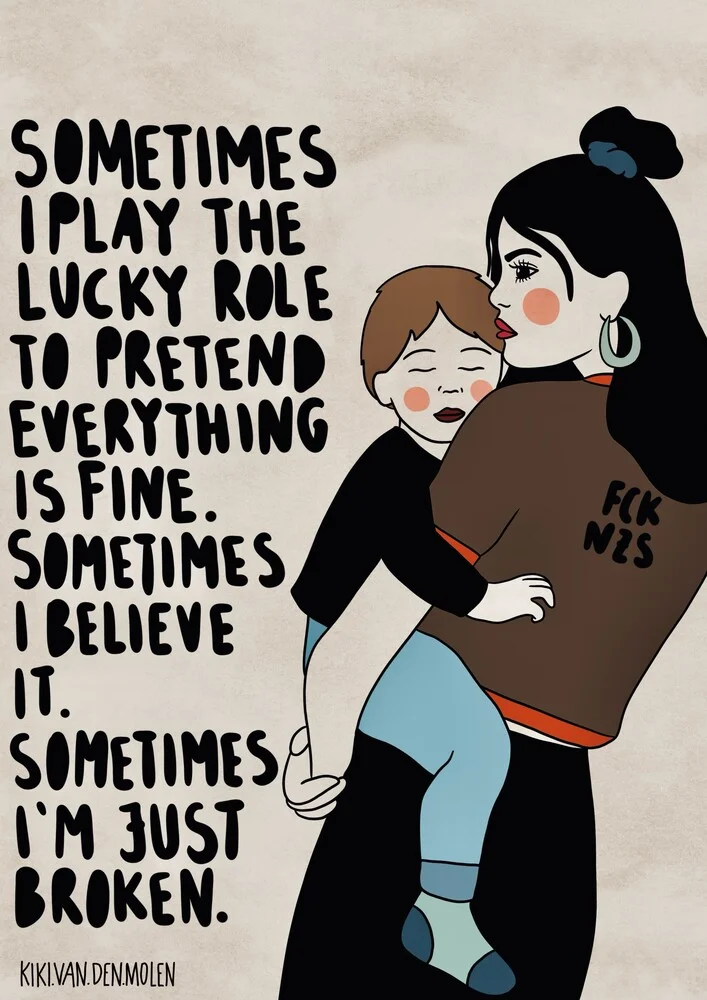 Illustration von Kiki Van Den Molen: fröhliche Mutter mit Kind in einem harmonischen Moment