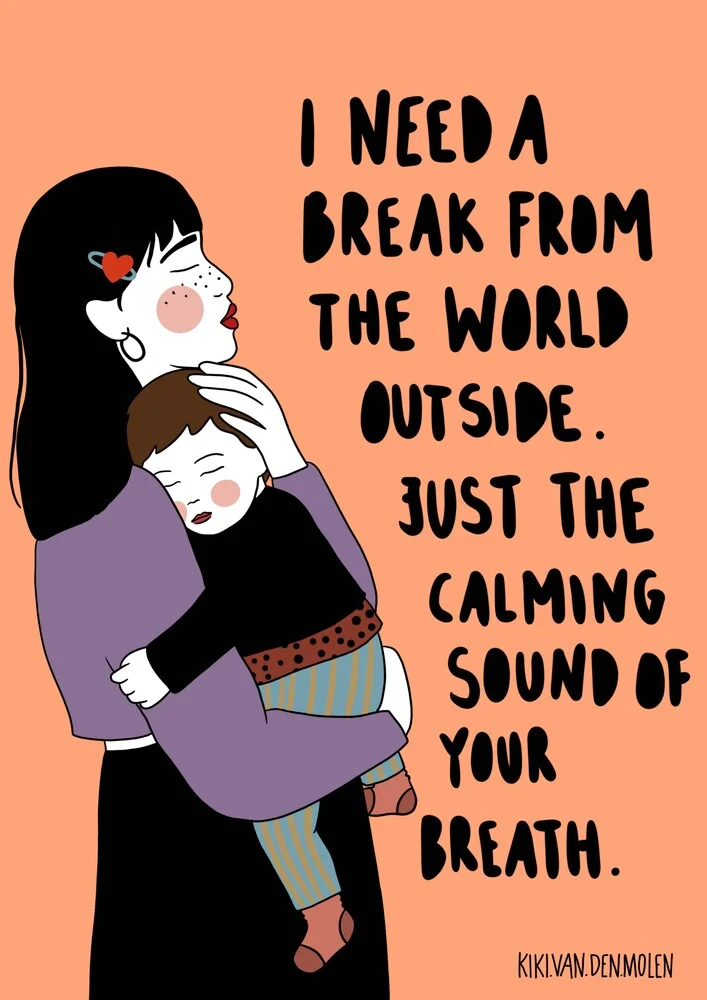 Illustration by Kiki Van Den Molen: calming scene of a mother with her child