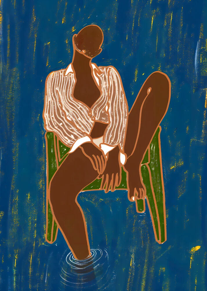 Illustration von Uma Gokhale: Frau sitzt entspannt auf einem Stuhl über Wasser