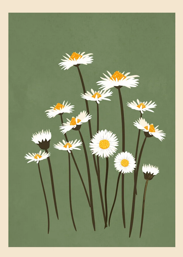 Wall art featuring delicate daisies on a green background in soft colors.