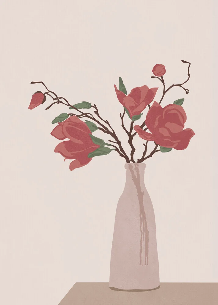 Illustration of a vase with soft roses in gentle colors, calm and elegant composition.