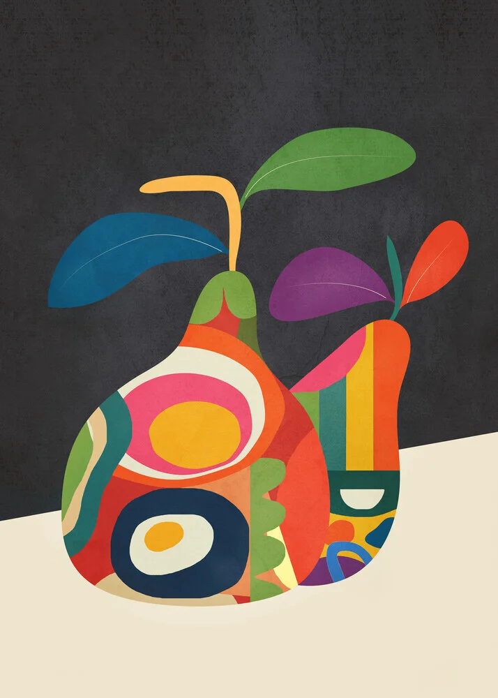 Colorful illustration of pears on a dark background, cheerful and playful.