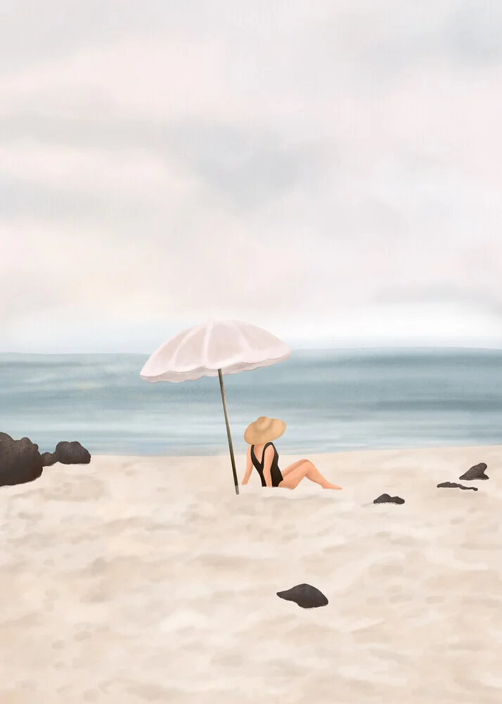 Illustration einer friedlichen Strandlandschaft mit sanften Wellen und einem klaren Himmel.