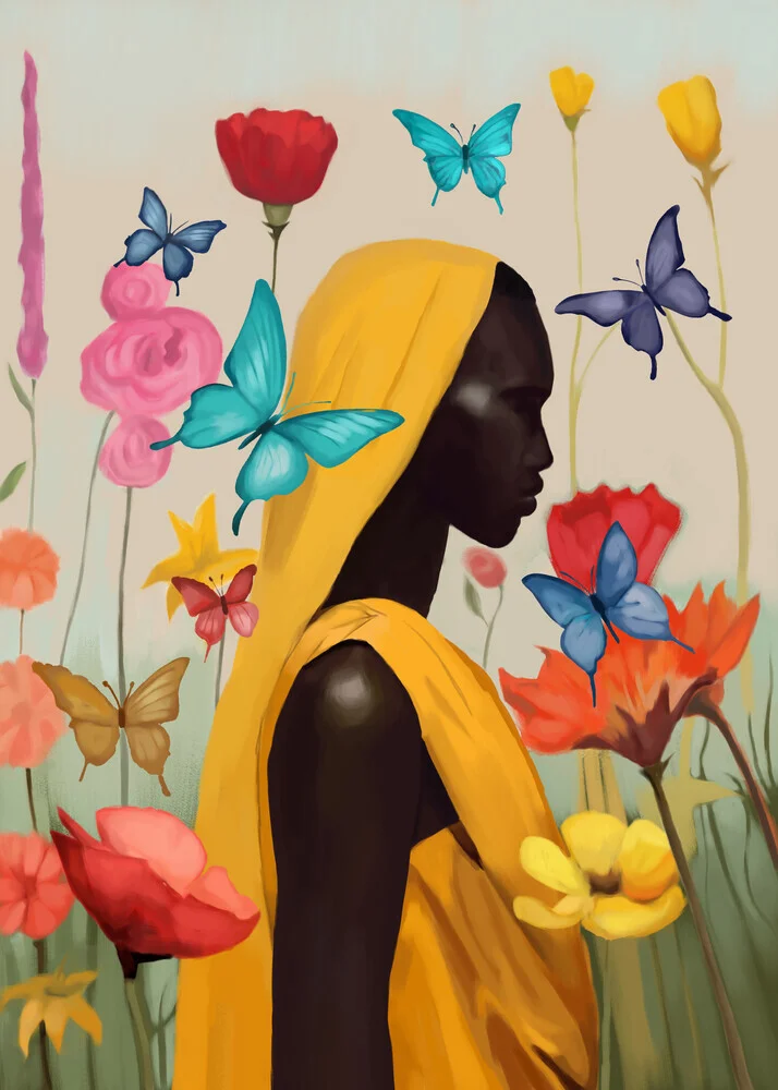 Wandbild von Branka Kodžoman: eine verträumte Frau umgeben von Blumen und Schmetterlingen.
