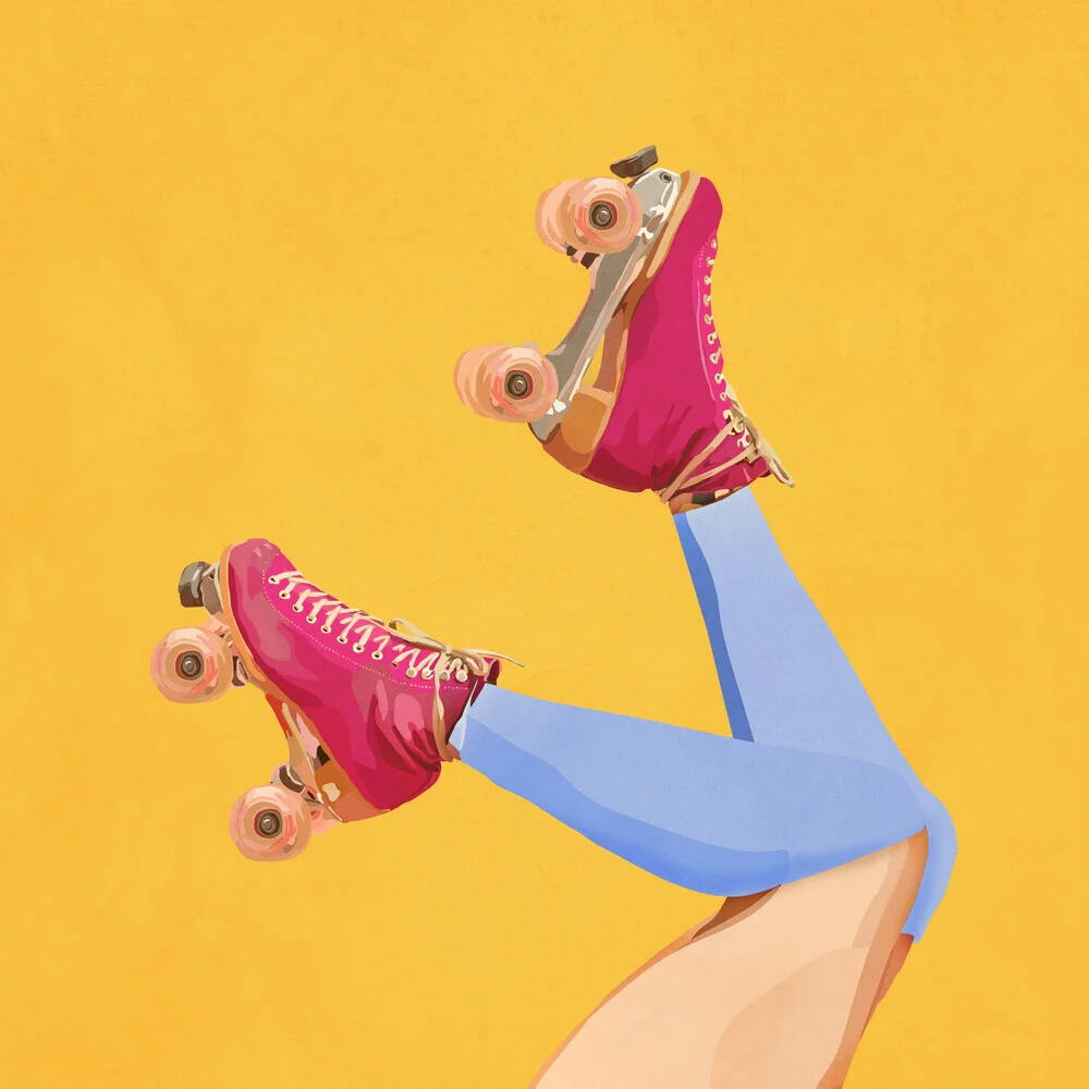 Illustrierte Rollschuhe auf gelbem Hintergrund in lebhaftem Retro-Stil.