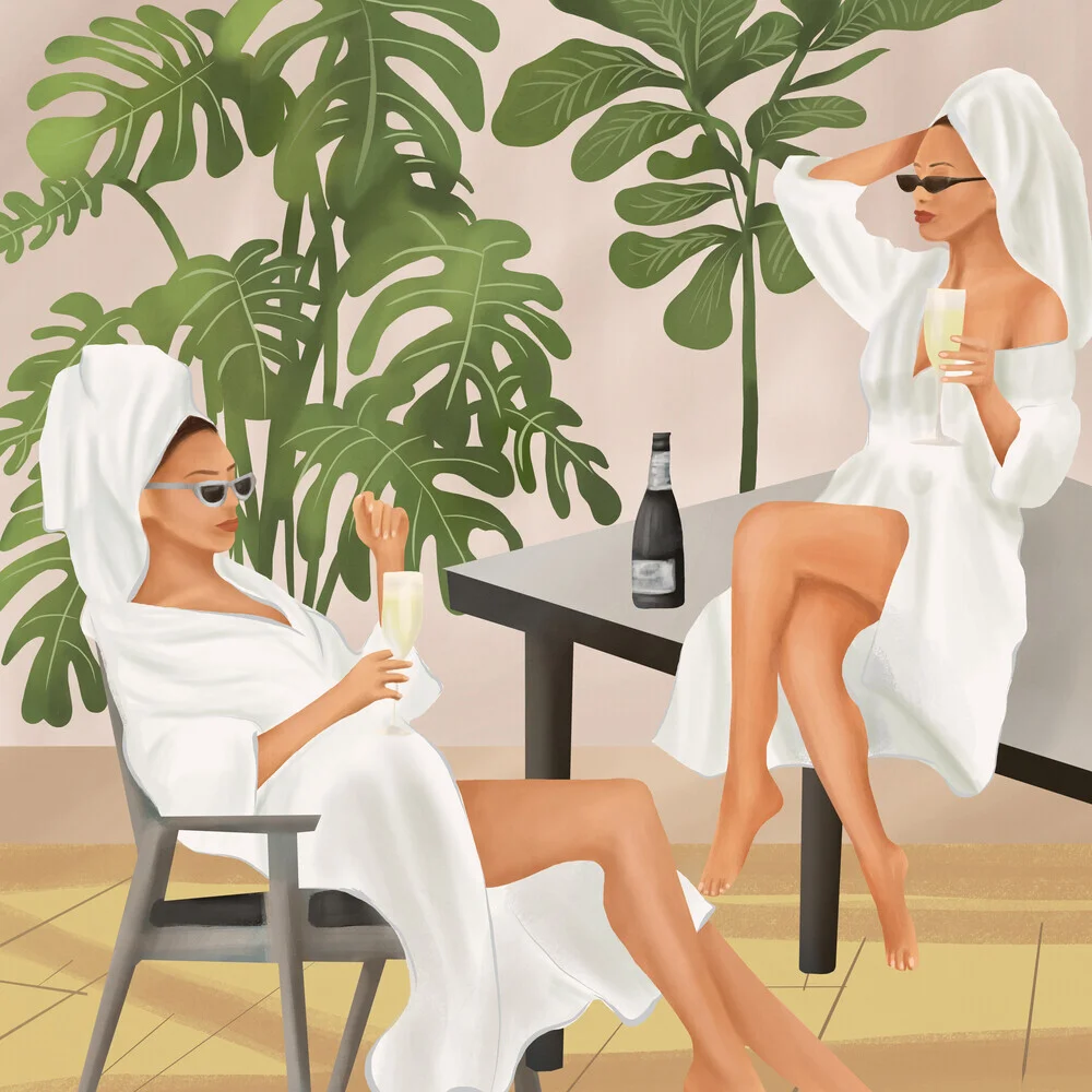 Illustration von Branka Kodžoman: Frauen genießen einen entspannten Morgen mit Sekt.