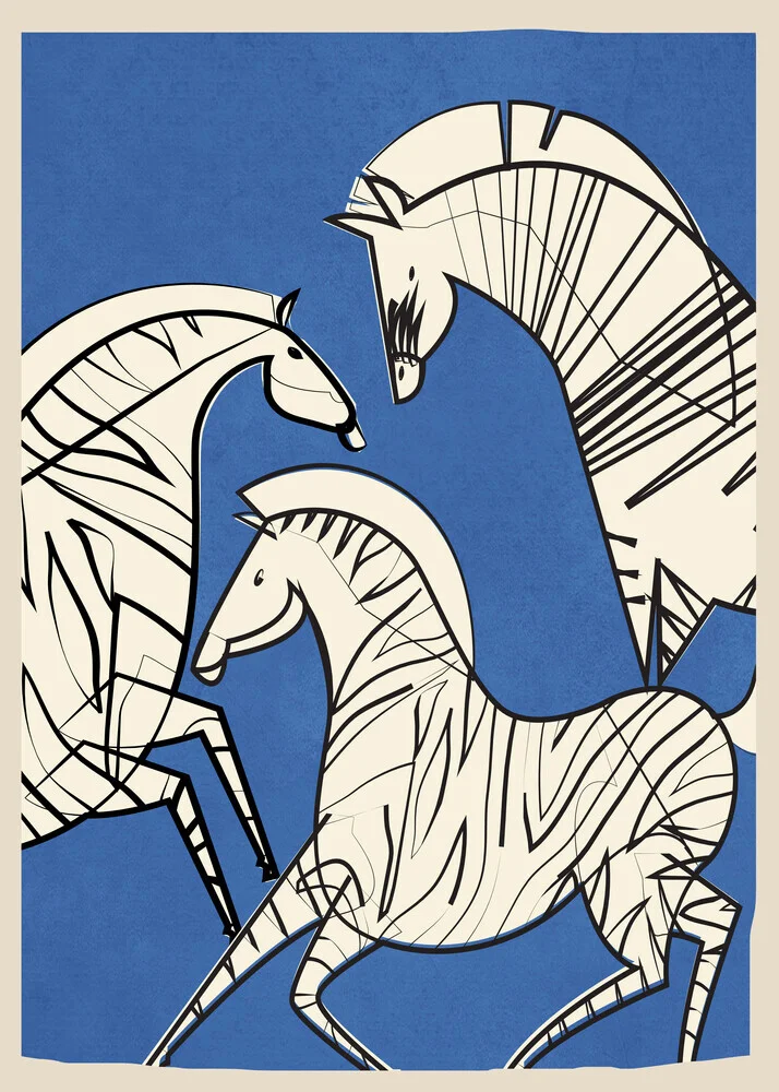 Farbenfrohe Illustration von Zebras mit dynamischen Linien und stilisierten Mustern.