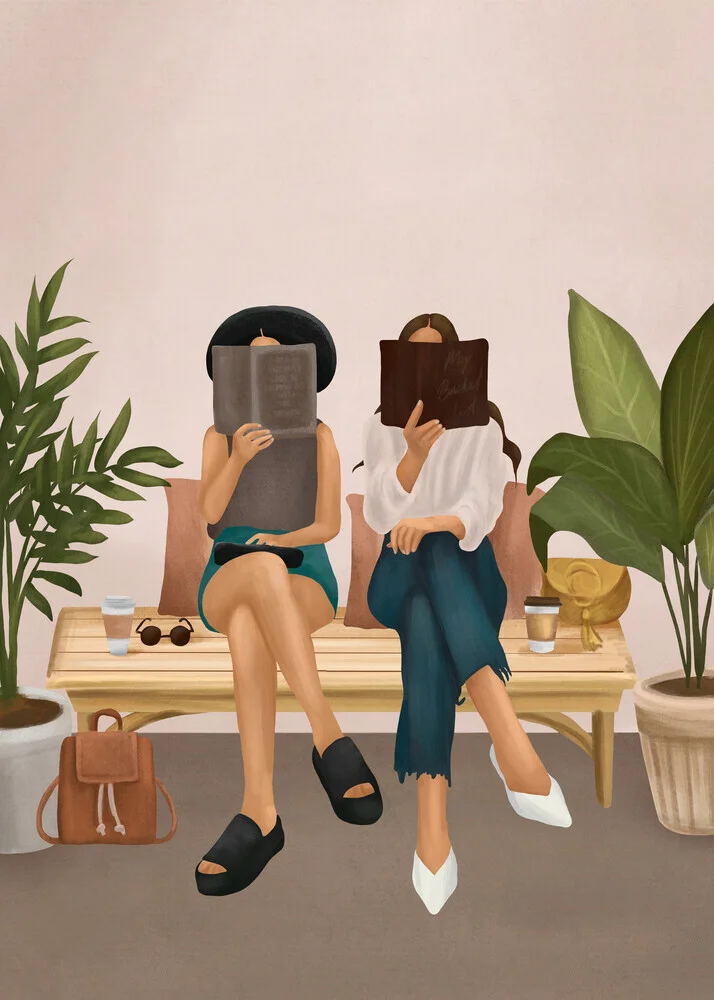 Illustration von Branka Kodžoman: zwei Frauen lesen in einer gemütlichen Umgebung.