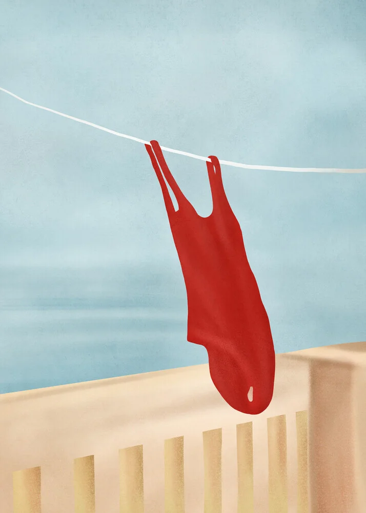 Illustration eines Badeanzugs am Meer mit sanften Wellen und warmem Licht.