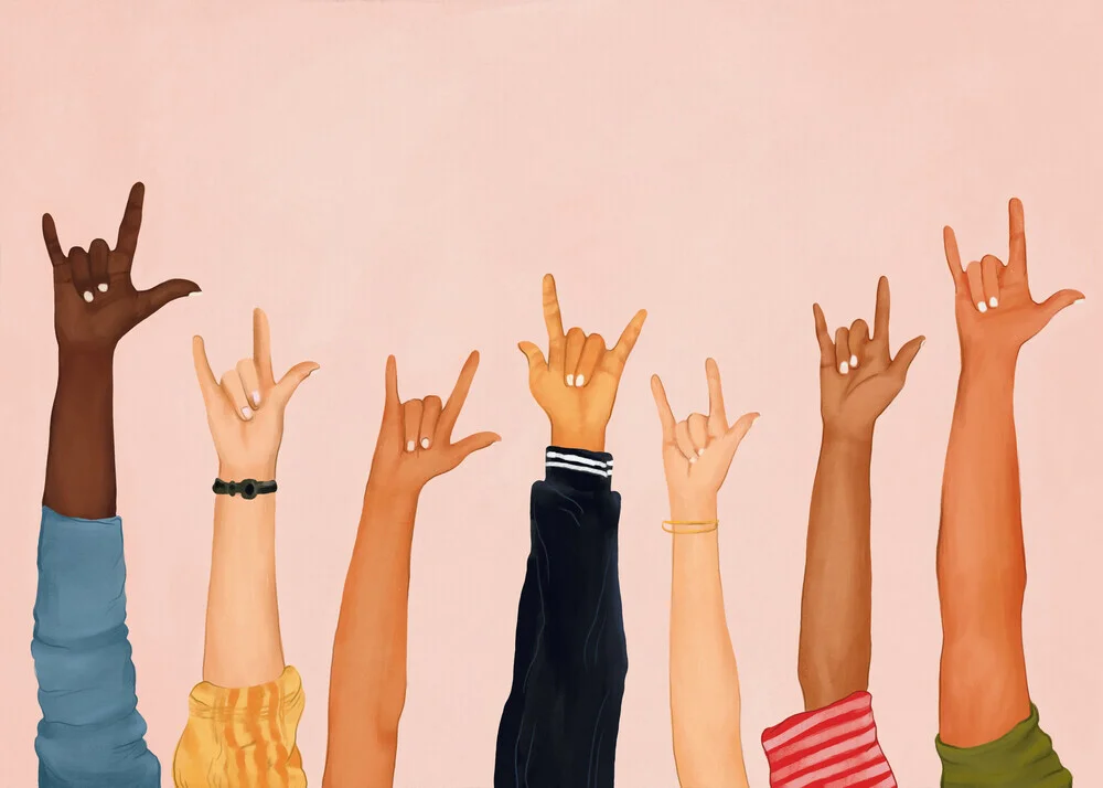 Illustration von Branka Kodžoman: fröhliche Menschen zeigen eine Handgeste für Musik.