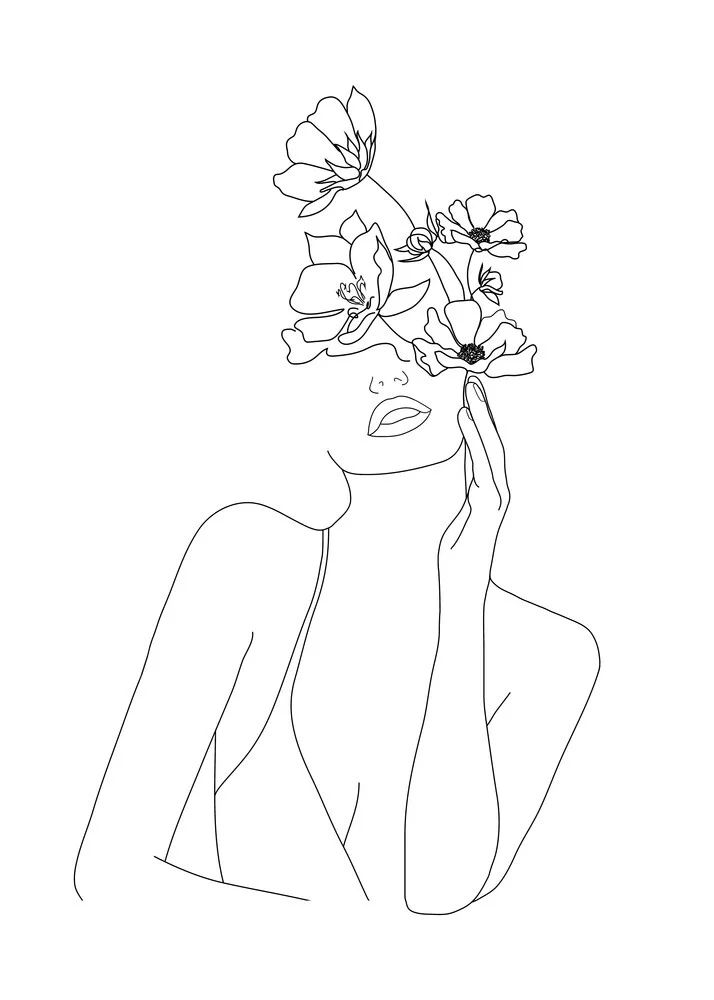 Illustration einer Frau mit Blumen: zarte Linienführung in sanften Farben
