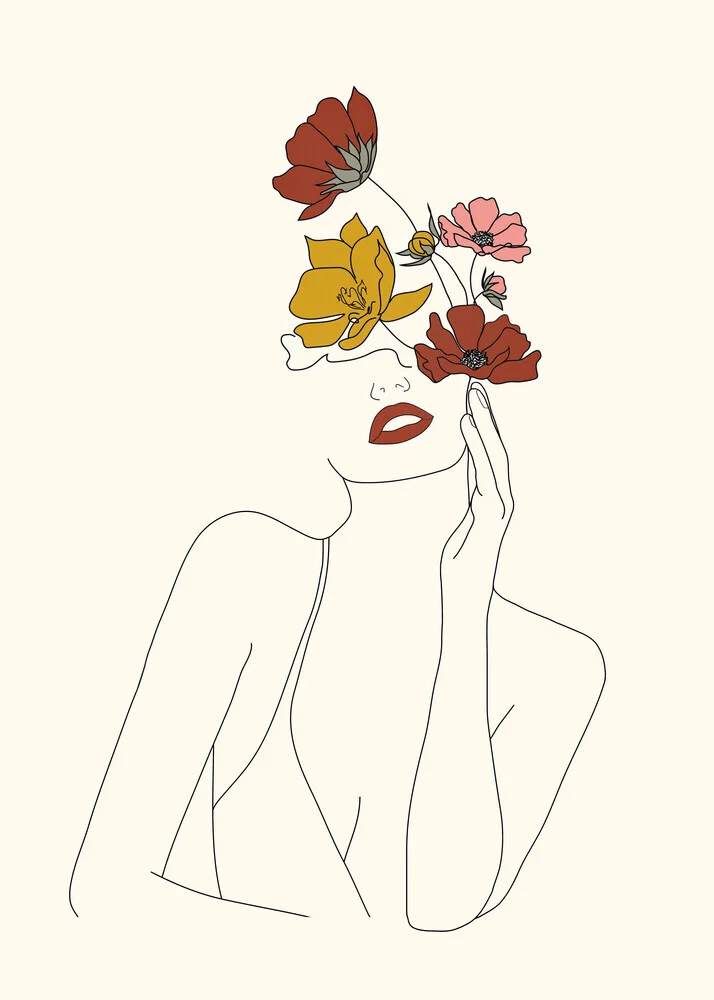 Illustration einer Frau mit Blumen, sanfte Linienführung in freundlichen Farben.