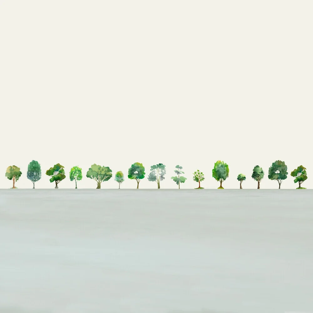 Illustration einer Baumreihe, sanfte Farben und ruhige Atmosphäre