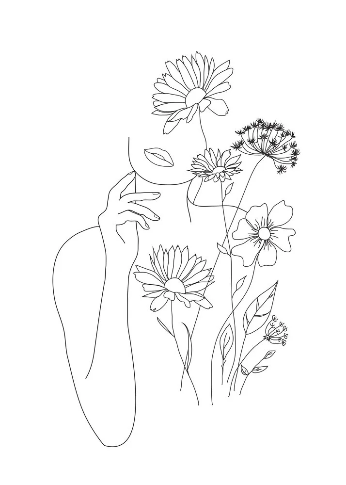 Illustration einer Frau mit Blumen: sanfte Linien und zarte Details