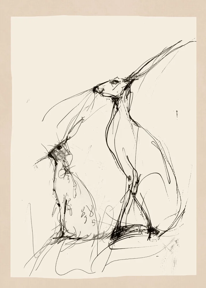 Illustration eines Hasenpaars in sanften Linien, vermittelt Ruhe und Anmut.