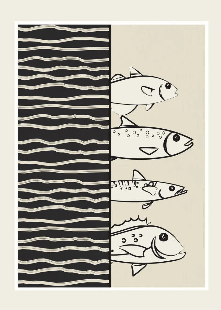 Abstrakte Illustration von Fischen auf Wellen in sanften Farben