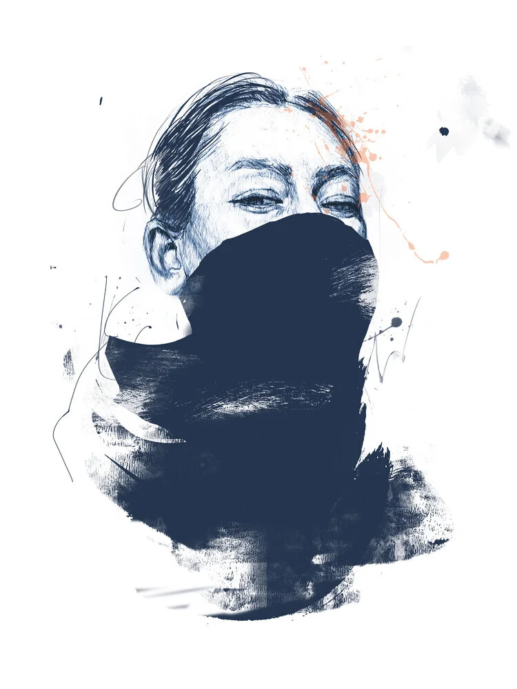 Illustration by Balazs Solti: mysterious portrait with blue splashes
