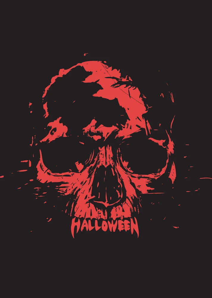 Illustration of a Halloween skull with bold red and black accents
