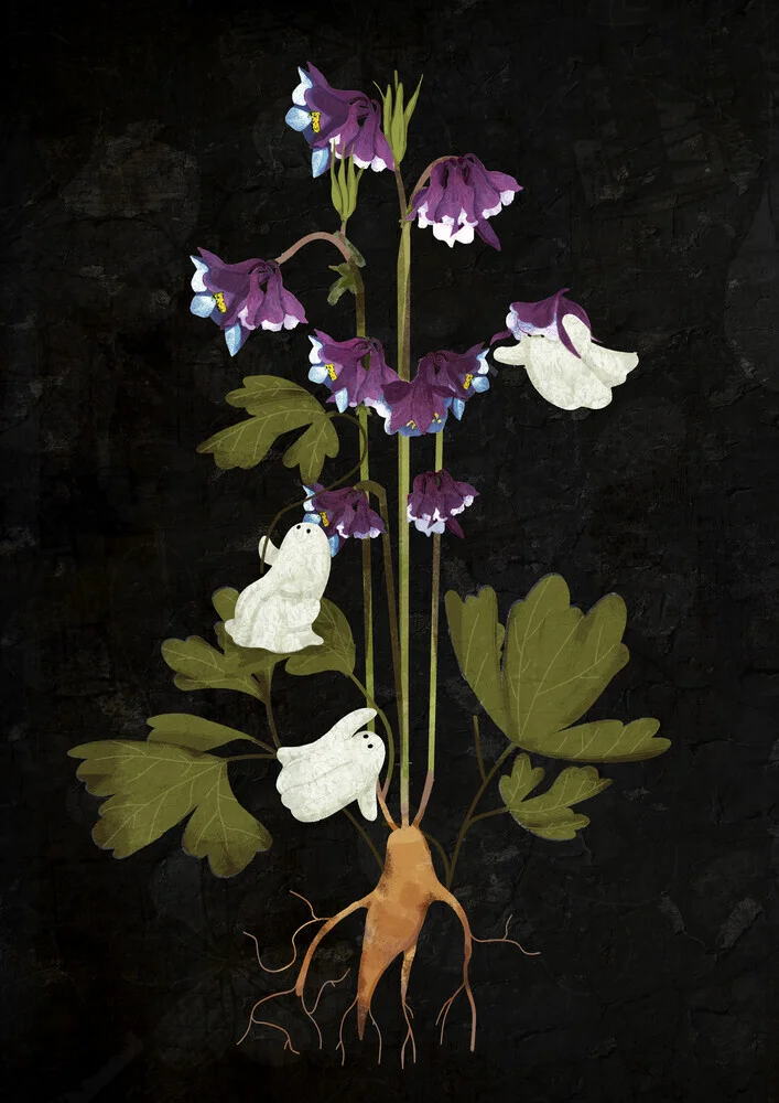 Botanical illustration featuring ghosts: delicate flowers in soft colors.