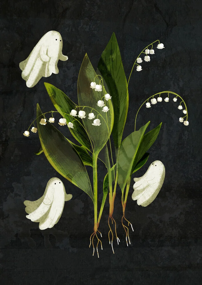 Wall art by Katherine Blower: cute illustrated ghost among lily of the valley and leaves