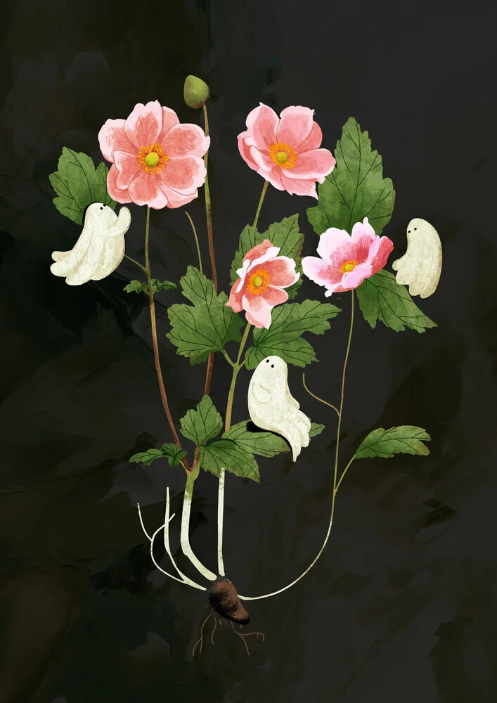 Playful illustration of a ghost emerging from a pink anemone flower.