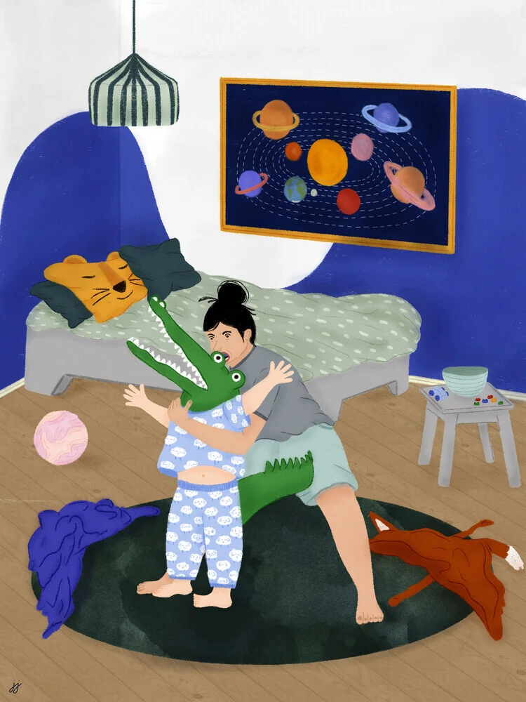 Illustration by Javiera Hernandez: humorous scene of bedtime wrestling with children
