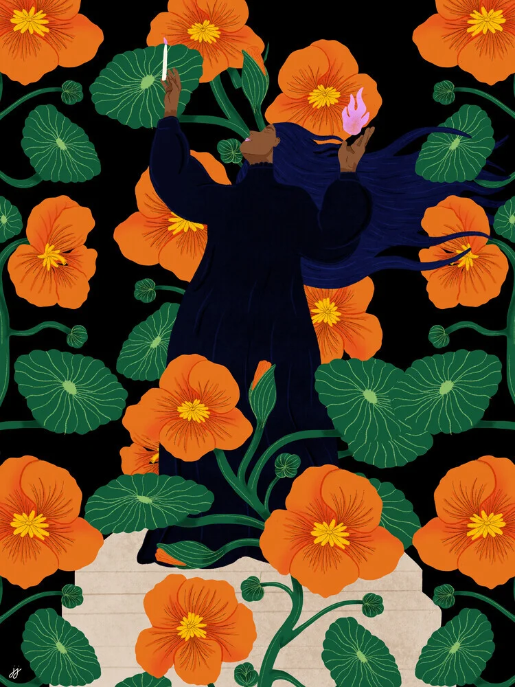 Colorful illustration by Javiera Hernandez: floral motifs and feminine energy.