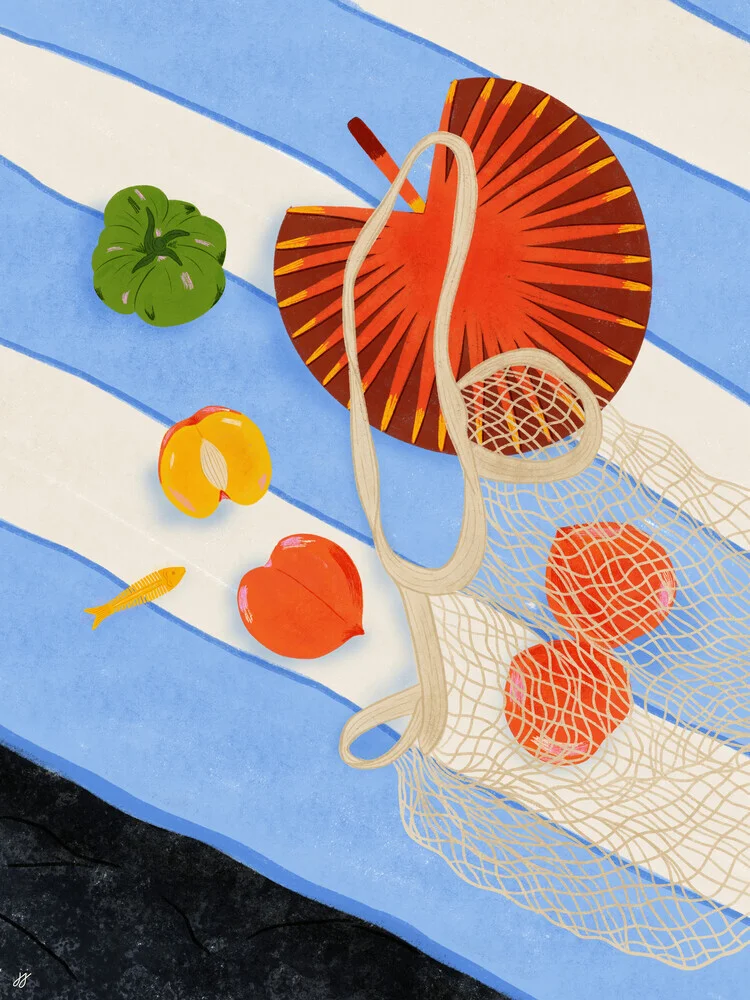 Illustration by Javiera Hernandez: cheerful beach day with peaches and the sea.