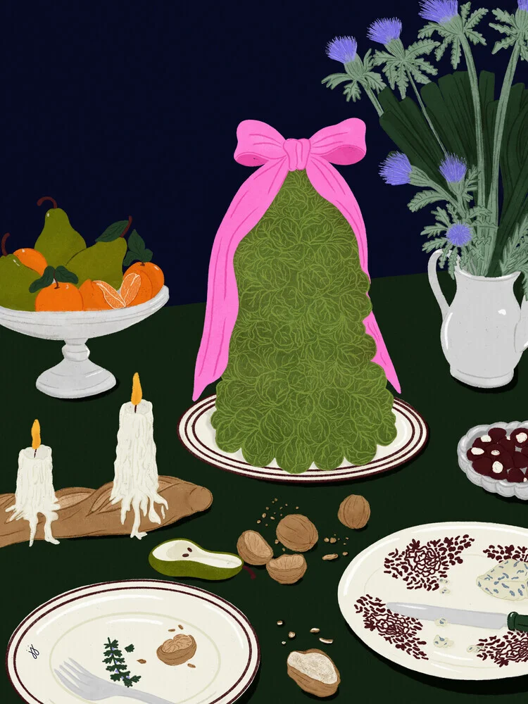 Illustration of a colorful winter feast with a festively laid table
