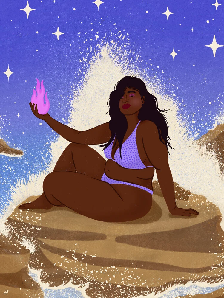 Illustration of a mermaid under a starry sky.