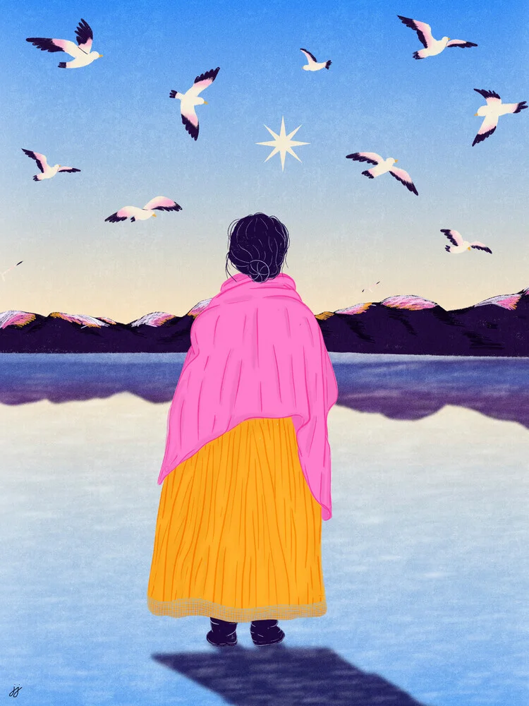 Illustration of a woman gazing into the distance, featuring vibrant colors and Andean landscape