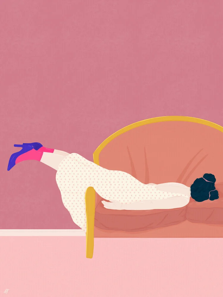 Colorful illustration by Javiera Hernandez: relaxed mother on a couch