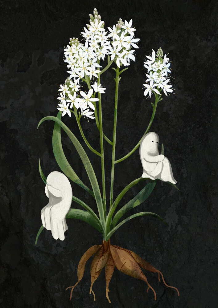 Illustration by Katherine Blower: playful flowers with a little ghost