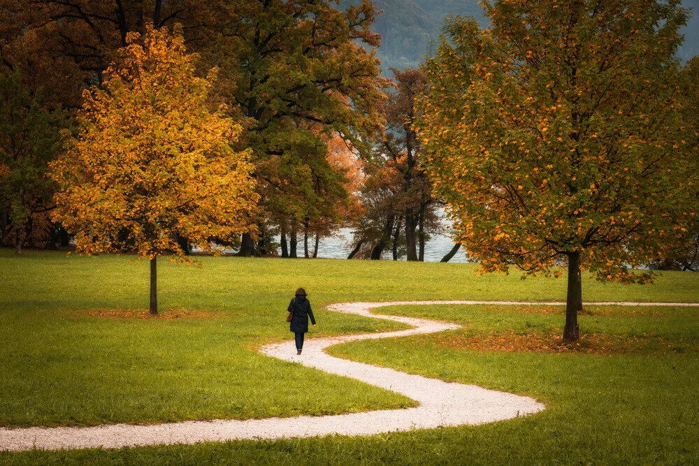 Fotokunst von Heiko Gerlicher: herbstlicher Weg umgeben von Bäumen in einem ruhigen Park