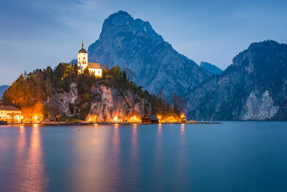 Photo art by Martin Wasilewski: calm blue hour at Lake Traunsee with mountains in the background
