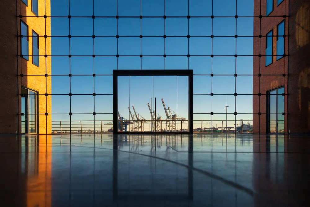 Fotokunst von Björn Witt: Hafenkräne vor einem urbanen Hintergrund in Hamburg.